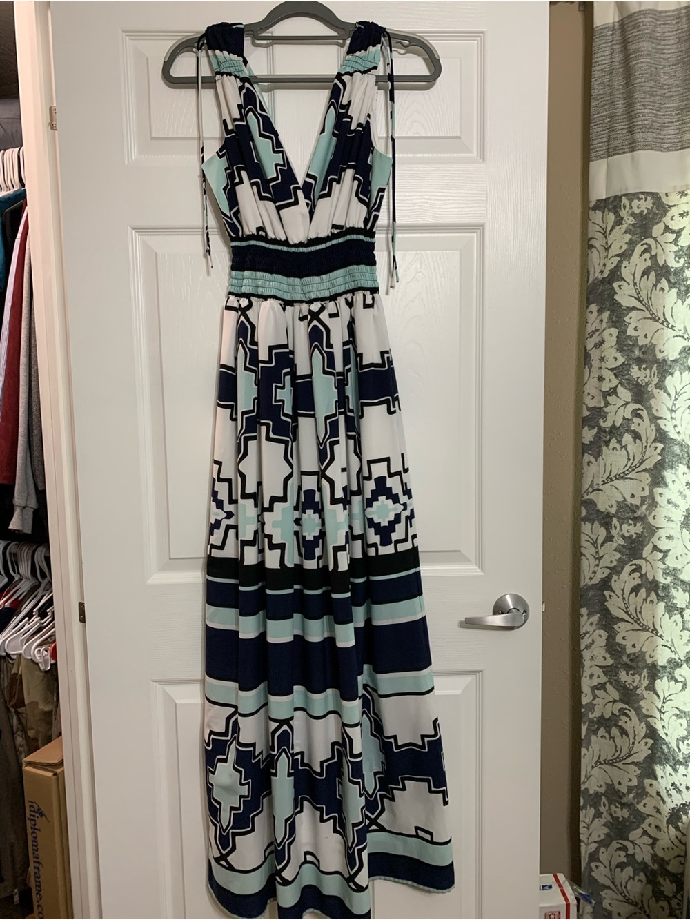 Sleeveless Geometric Maxi Dress in Navy, White & Mint